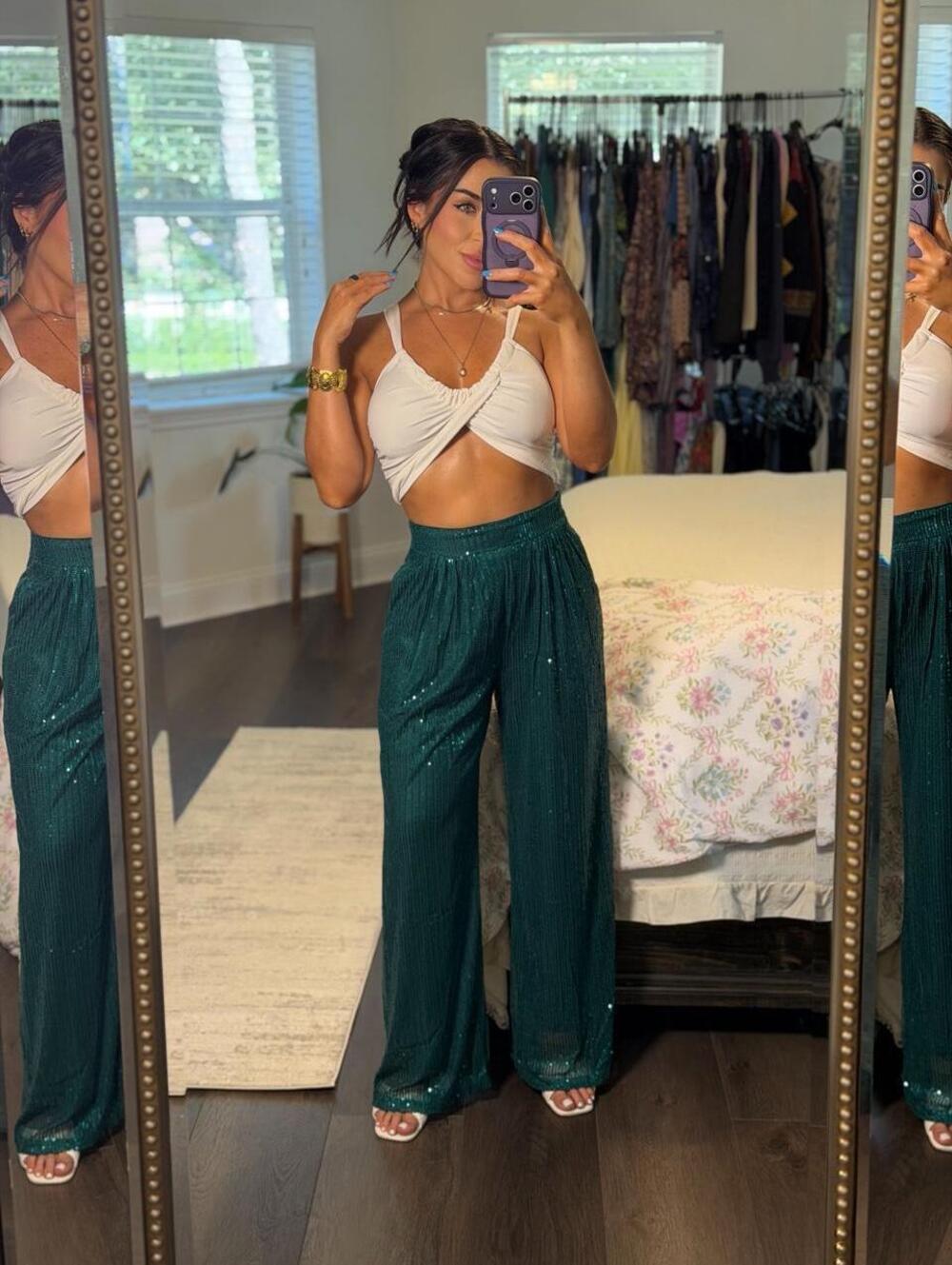 Cider Emerald Green Sequin Wide Leg Pants NWT Holiday Party Festival Glam XS